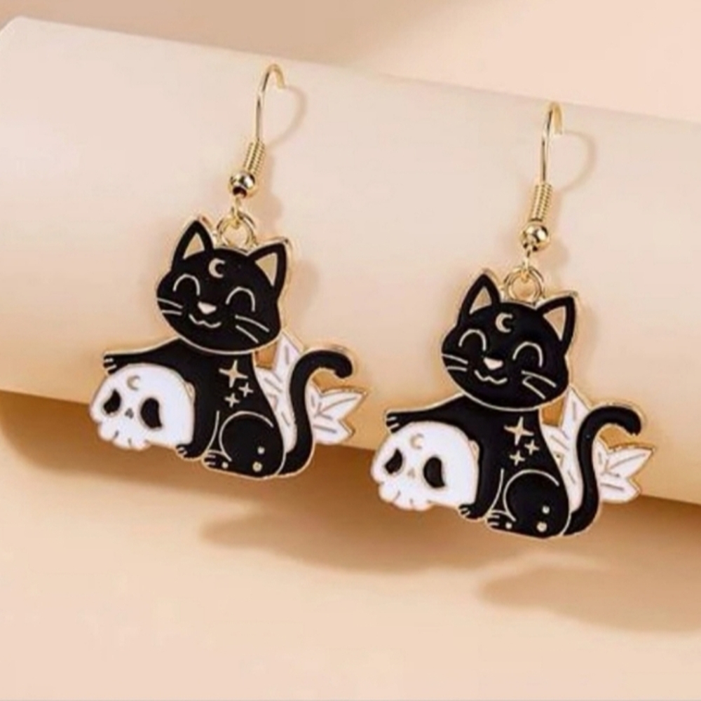 Moon Kitty Skull Drop Dangle Earrings